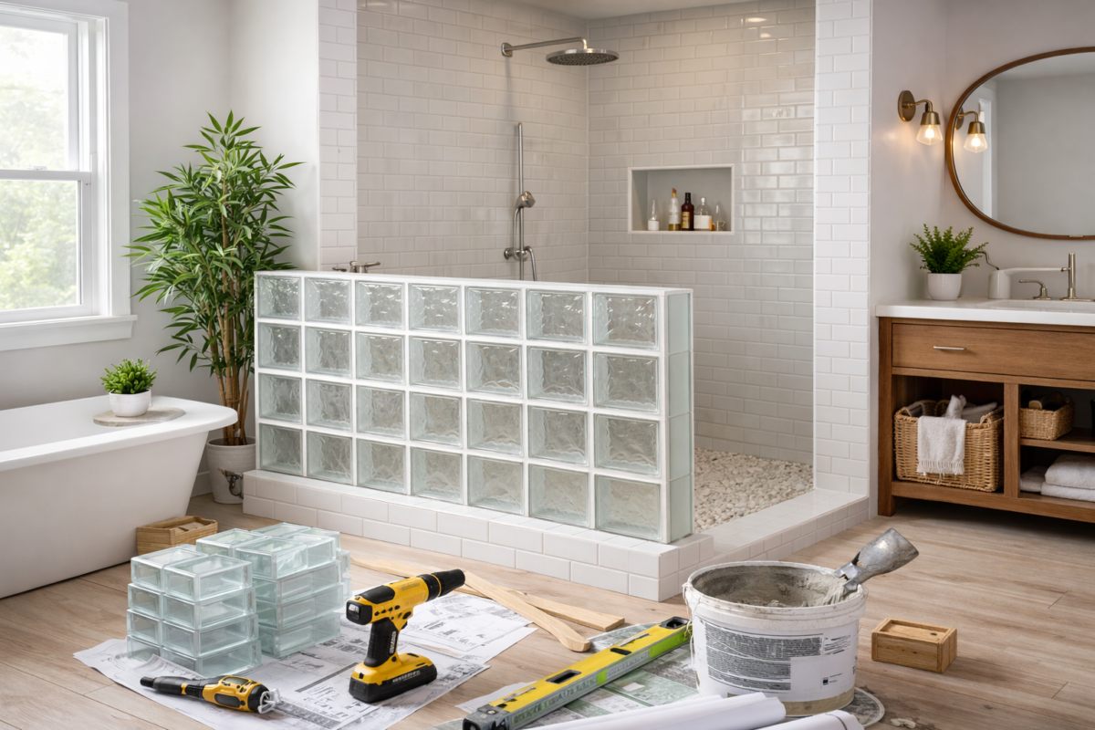 glass block shower half wall